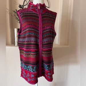 Coldwater Creek Vintage Full Zip Folkloric Knit Chenille Accented Floral Vest L